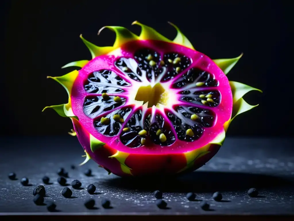 Rodajas de pitahaya morada con semillas negras sobre fondo oscuro texturizado, resaltando la exótica fruta de Asia Central