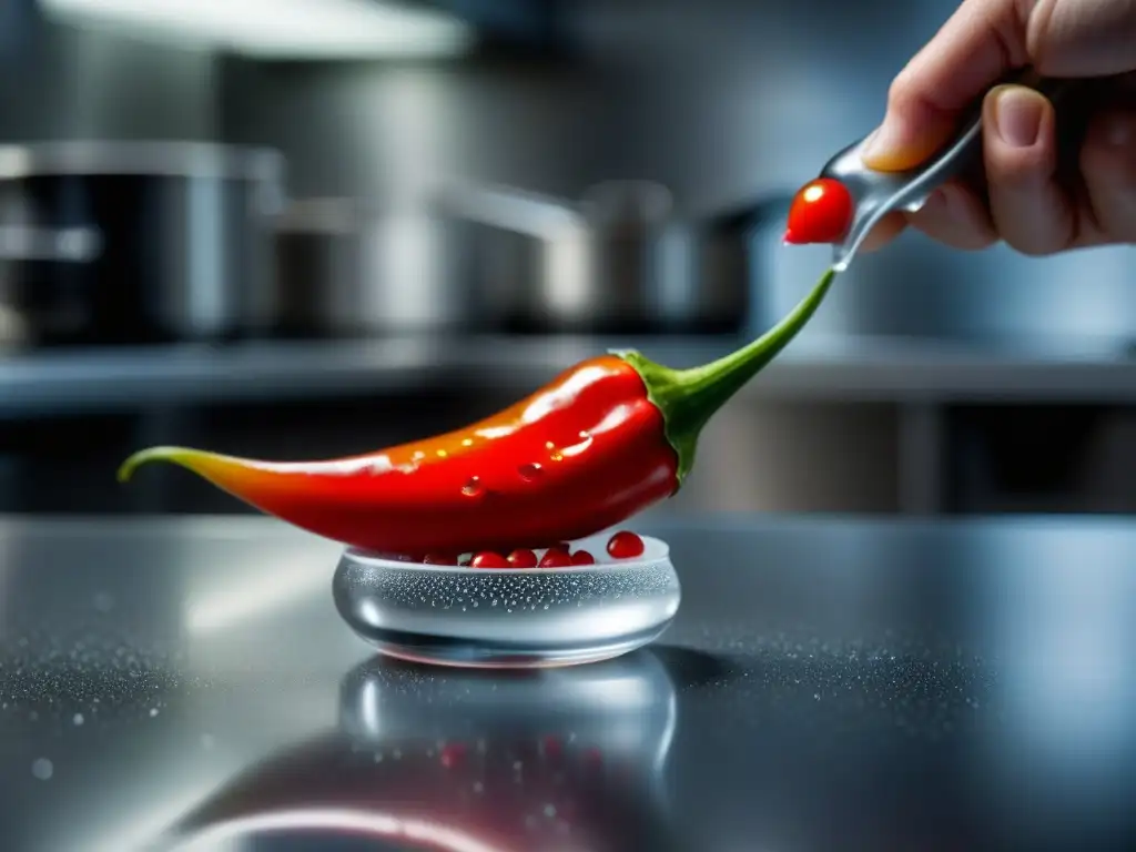 Chile rojo fresco transformado en esfera con técnicas de cocina molecular