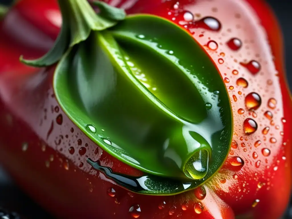 Un chile rojo y verde brillante con gotas de agua, mostrando sus texturas y patrones