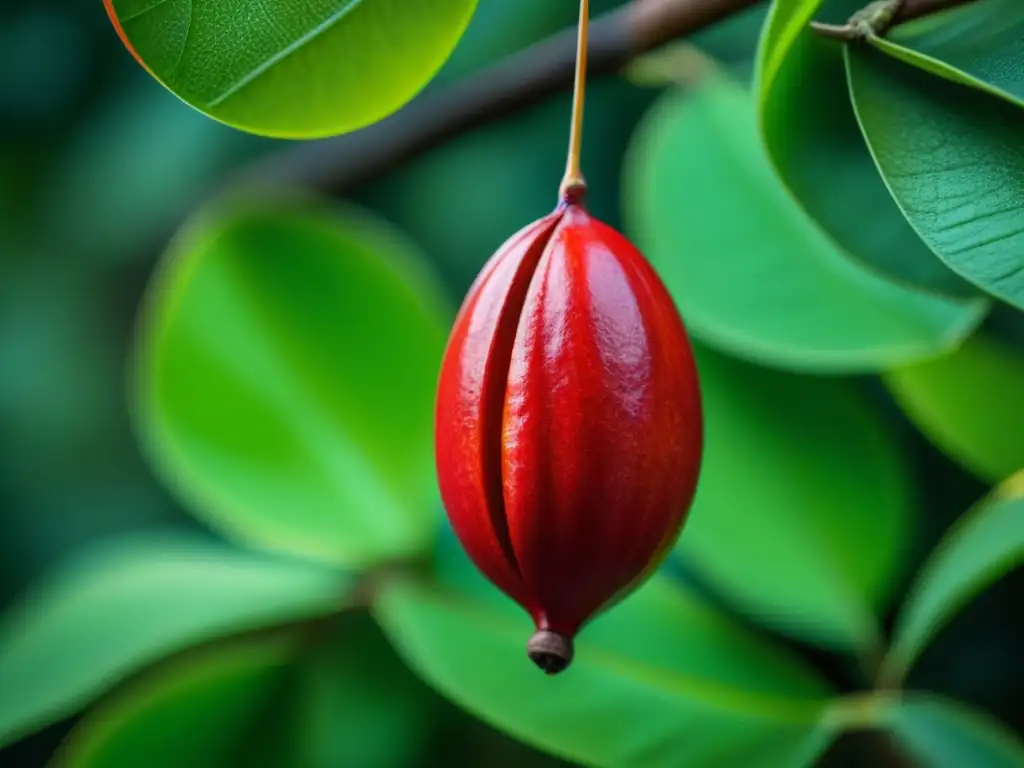 Un nutmeg rojo vibrante cuelga de un árbol en Zanzíbar, África Oriental, revelando la historia culinaria de esta especia