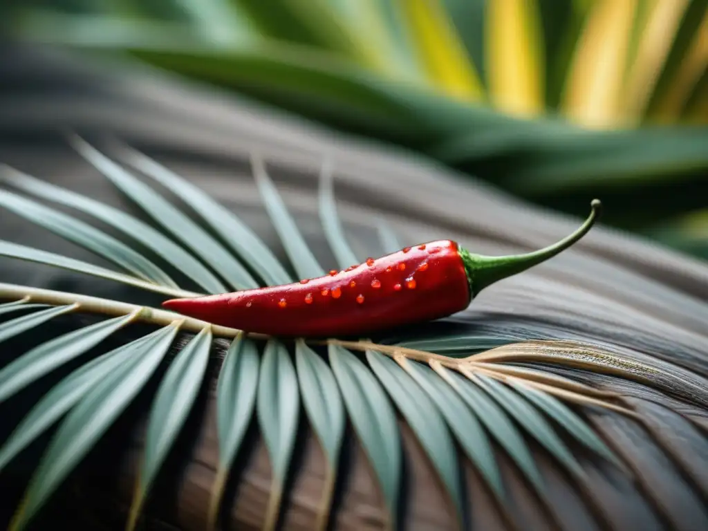 Un chile rojo vibrante con cacao sobre hojas de palma y cerámica maya