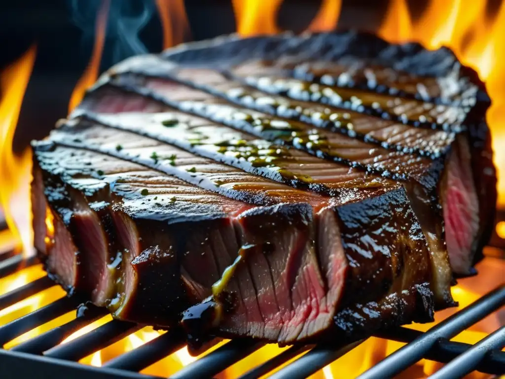 Un Rostbraten austrohúngaro sizzling en la parrilla, mostrando su intrincado marmoleado y jugos de cocción, resaltando su artesanía culinaria