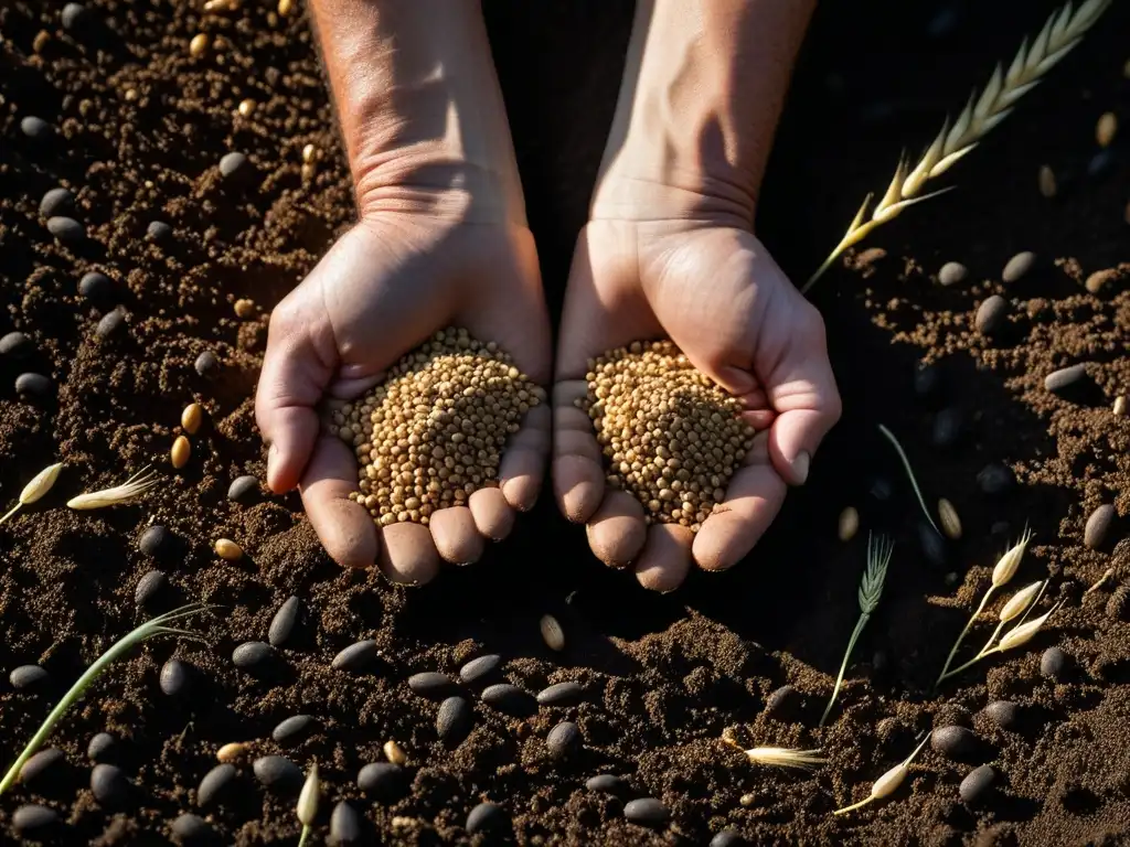 Las rugosas manos del agricultor siembran una semilla de trigo en la tierra, simbolizando la transformación agrícola y la historia del cultivo