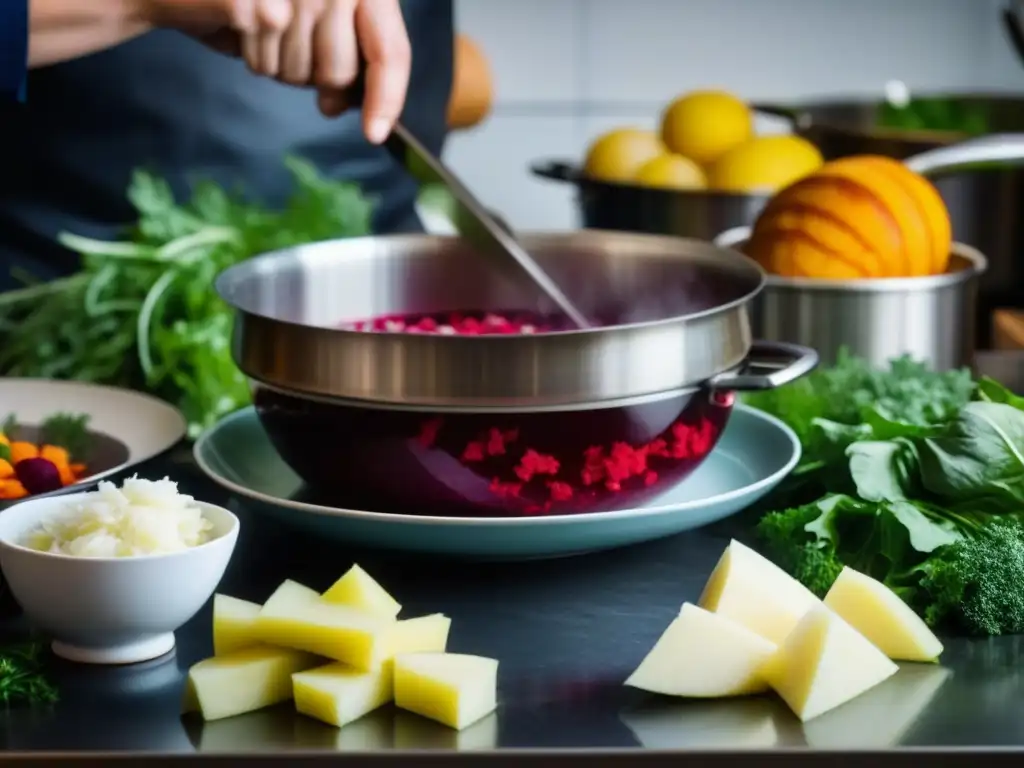 Preparación de borscht ruso con ingredientes frescos en cocina contemporánea