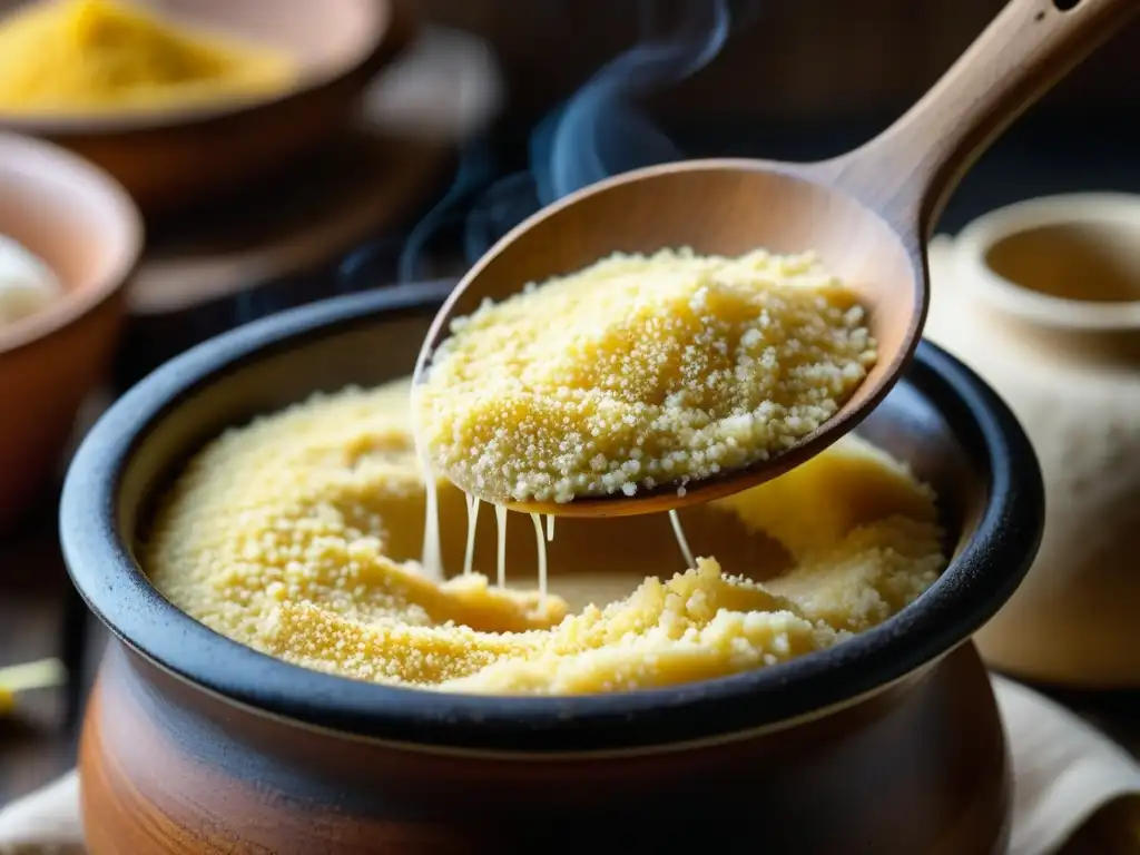 Cucharón rústico levanta mămăligă humeante de olla de barro