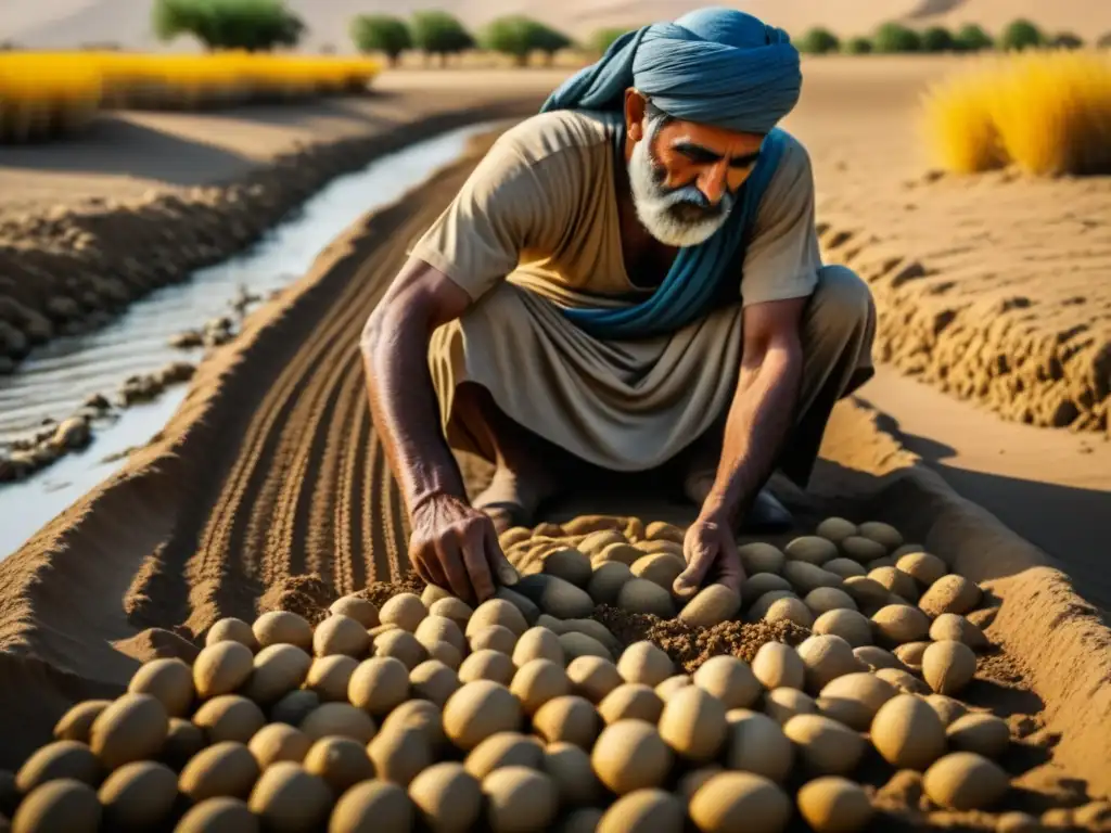 Un sabio agricultor sumerio siembra semillas con prácticas agrícolas Antiguo Oriente sostenibilidad, junto al Éufrates