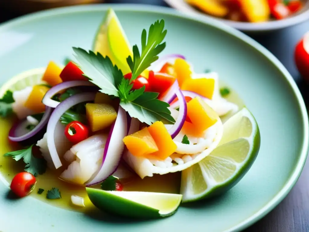 Sabores ancestrales del Camino del Inca: Detalle vibrante de ceviche peruano con pescado fresco, cebolla, cilantro y ají