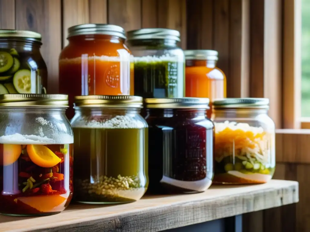 Sabores ancestrales en cocina contemporánea: frascos coloridos con alimentos fermentados en una estantería de madera rústica