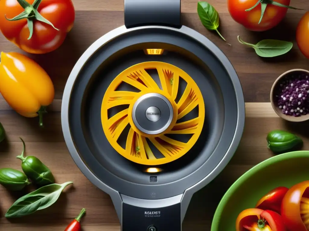 Procesador de alimentos hightech fusionando tradición y modernidad Revivir sabores antiguos con tecnología: cuchillas finamente picando ingredientes coloridos en procesador de alimentos de alta tecnología