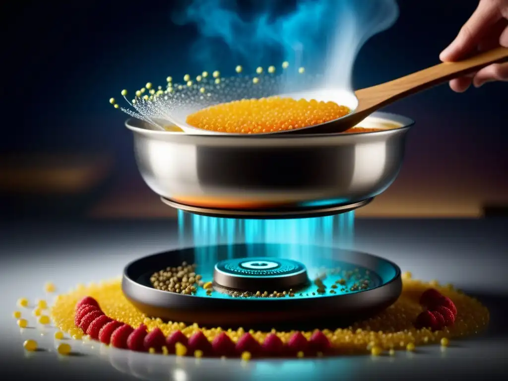 Infusión ancestral: gadget moderno en acción Revivir sabores antiguos con tecnología: Una escena culinaria donde un moderno gadget infunde especias centenarias en un plato contemporáneo