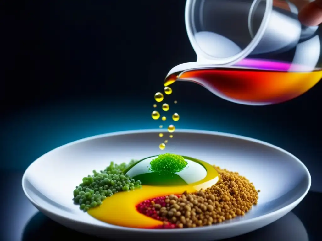 Máquina de alta tecnología fusionando sabores ancestrales con precisión Revivir sabores antiguos con tecnología: Máquina de gastronomía molecular en acción, dispensando gotas de colores vibrantes sobre especias y hierbas