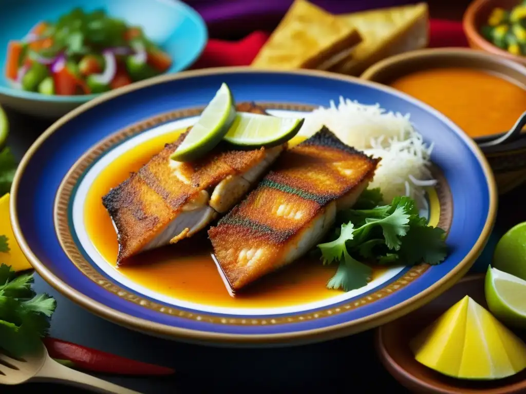 Sabores de Cuaresma en Hispanoamérica: Detalle colorido de platos tradicionales, texturas y aromas