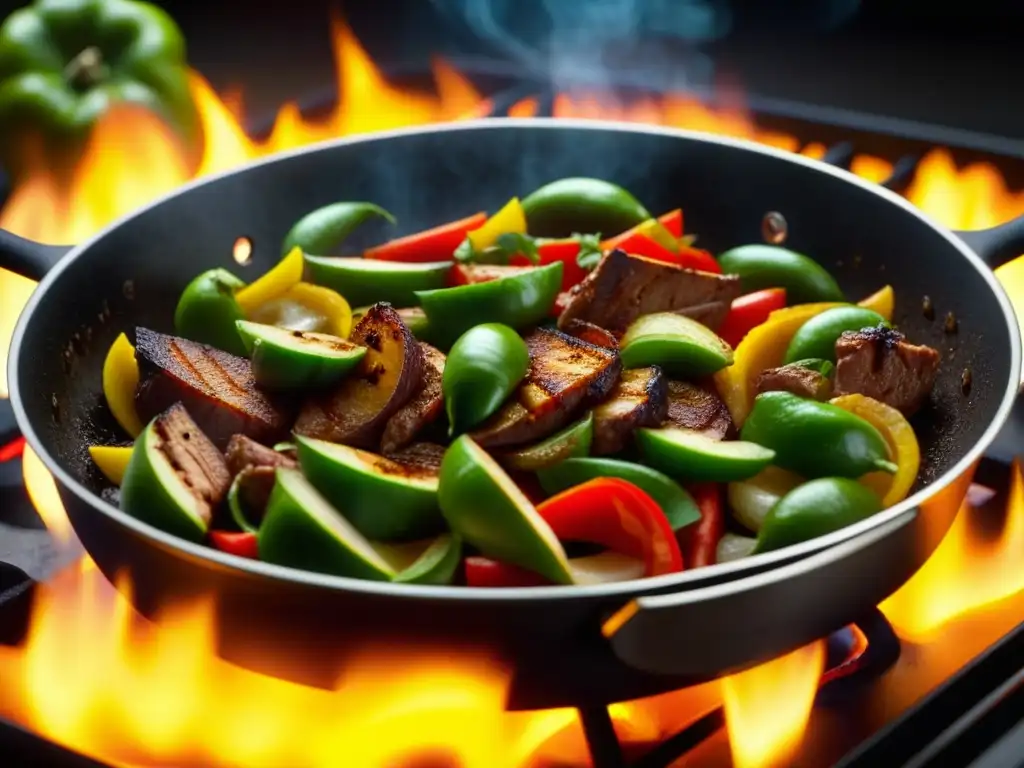 Un sabroso guiso Tex-Mex con pimientos, cebollas y carne sazonada, en una sartén humeante