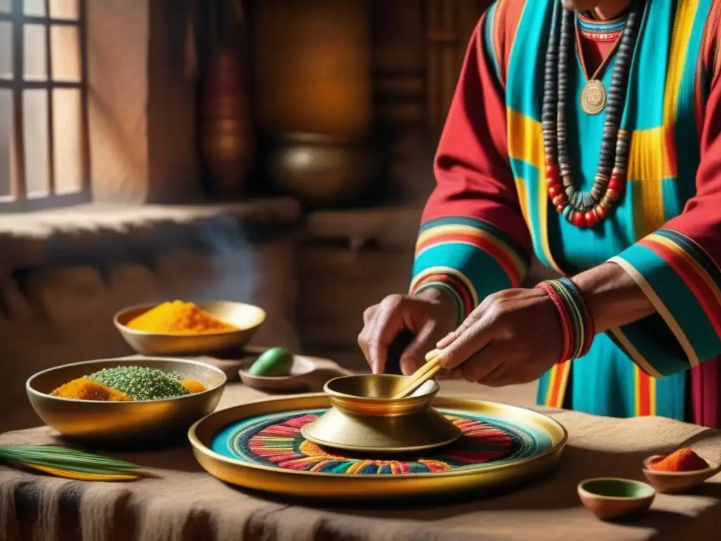 Un sacerdote inca preparando un plato ceremonial en la cocina sagrada del Imperio Inca