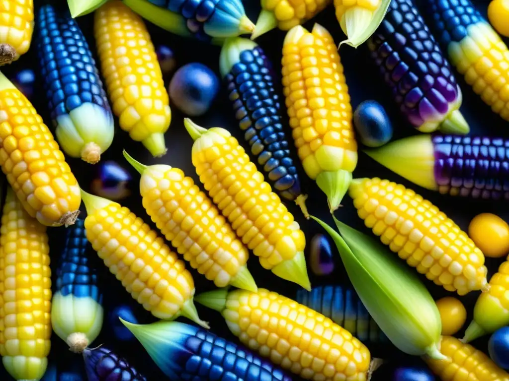 Maíz sagrado en vibrantes colores: amarillo, morado y azul, texturas e intrincados patrones