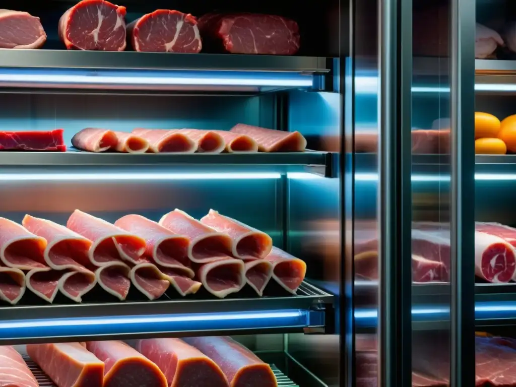 Sala de conservación de carnes moderna con cortes ordenados en estantes metálicos