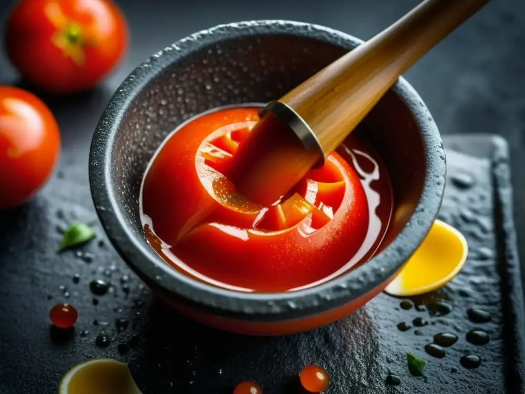 Salsa llajwa tradición boliviana: Tomate rojo siendo aplastado en mortero de piedra, salpicando jugo fresco