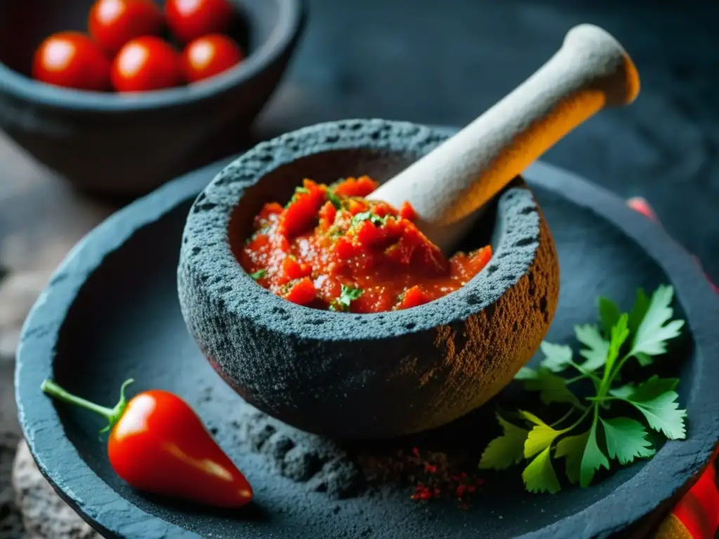 Salsa roja fresca en molcajete: detalle vibrante y auténtico Una salsa roja fresca en un molcajete, mostrando la tradición e historia de la Salsa Hispanoamericana Tradicional