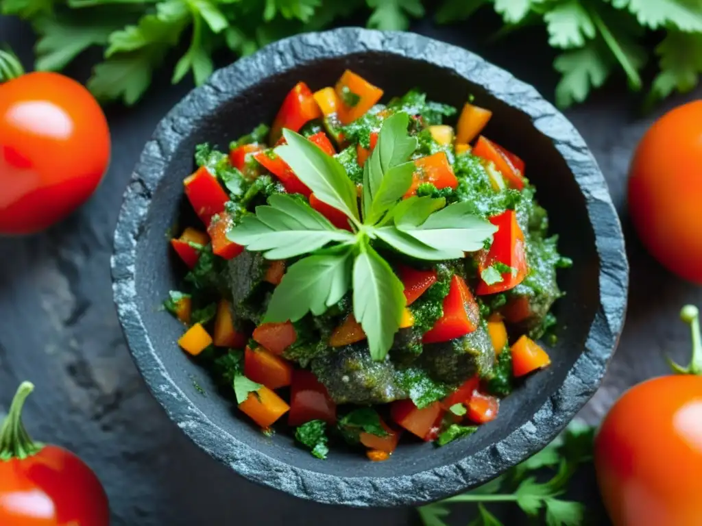 Una salsa roja en molcajete, resaltando colores y texturas, evocando platillos históricos Revolución Mexicana