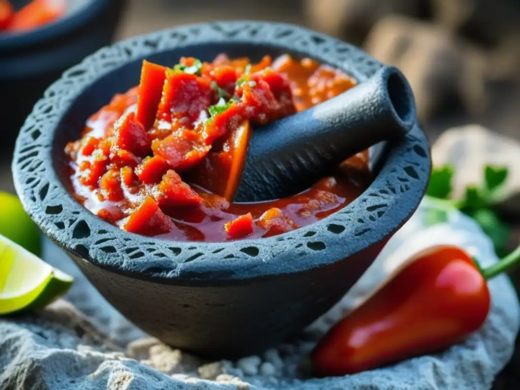 Una salsa roja vibrante en un molcajete mexicano, mostrando técnicas culinarias ancestrales