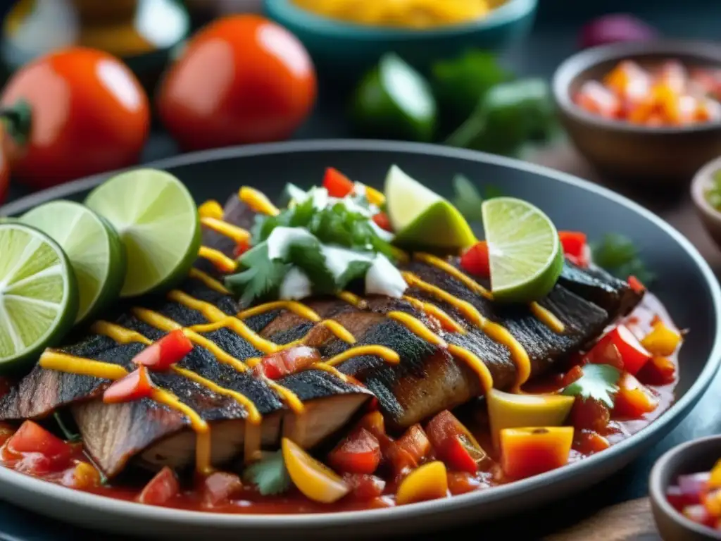 Una salsa TexMex roja sobre fajitas humeantes, resalta la historia de la salsa TexMex con sus colores y texturas