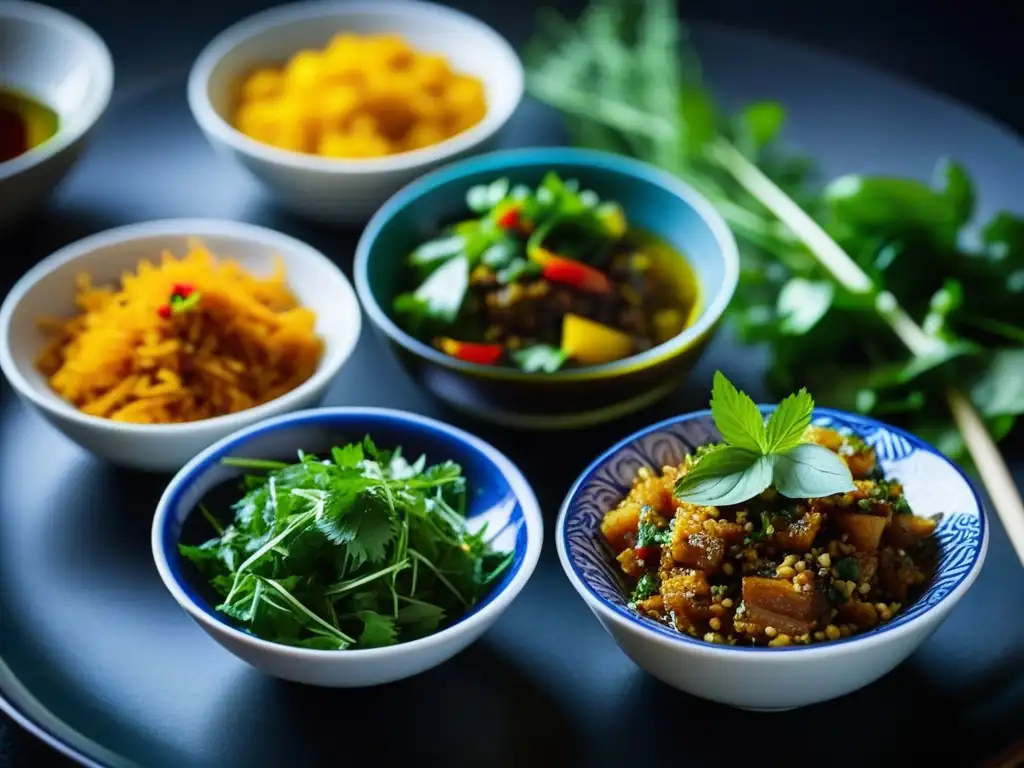 Salsas cocina fusión IndoChina: Variedad de marinadas y salsas en bowls de vidrio, colores y texturas vibrantes en una mesa rústica