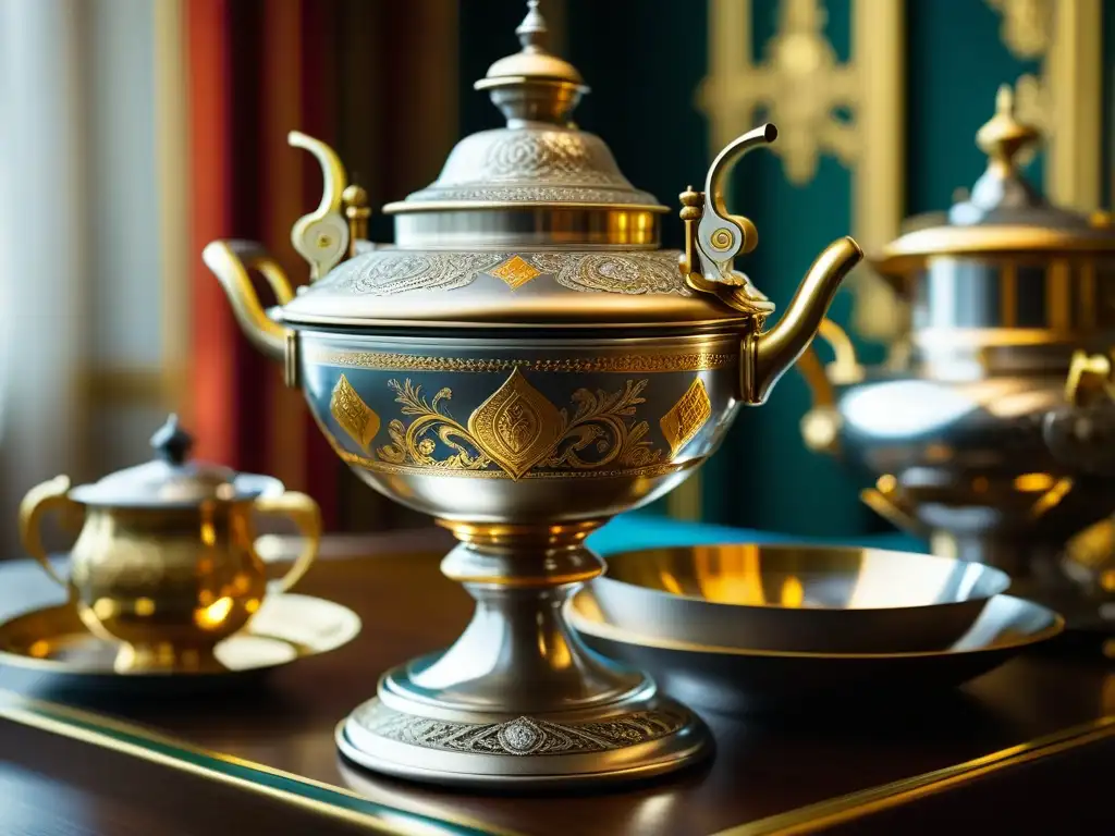 Un samovar ruso tradicional, con detalles dorados y plateados, emitiendo vapor