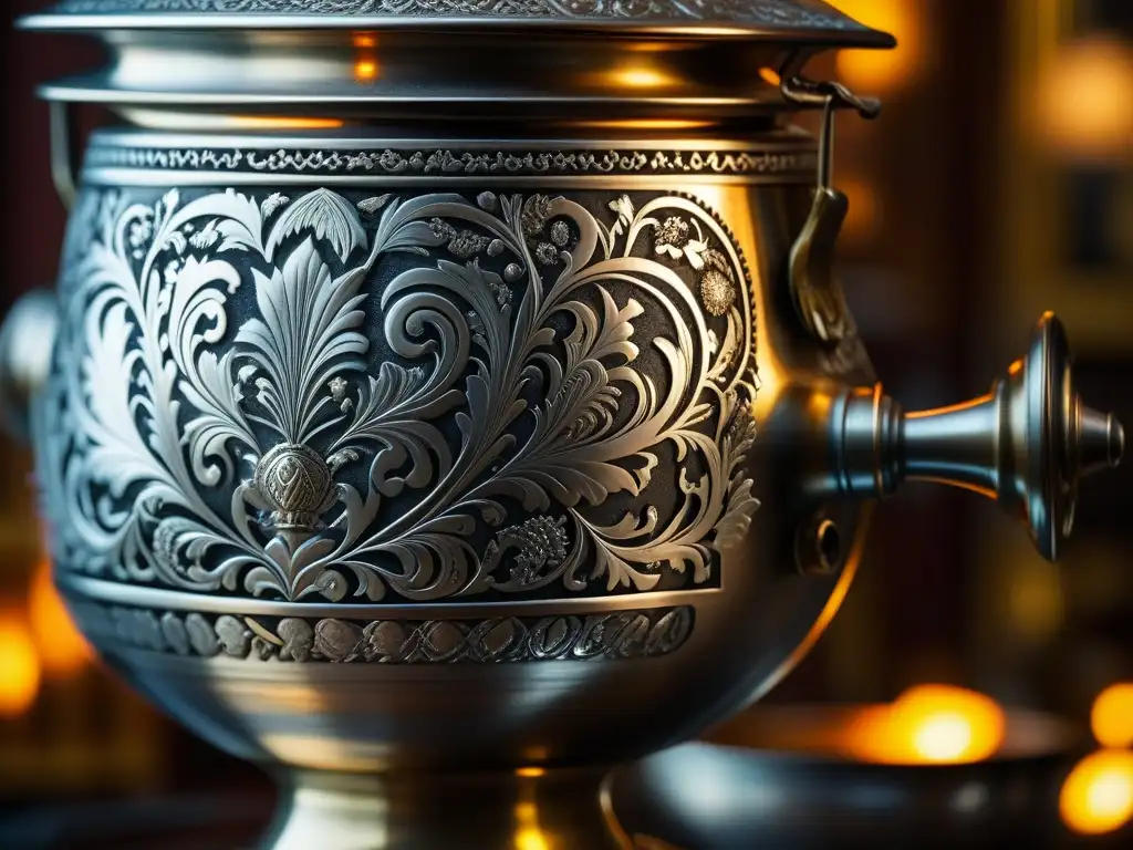 Un samovar ruso tradicional, con grabados detallados y vapor, refleja la cultura zarista y la historia de Sbiten