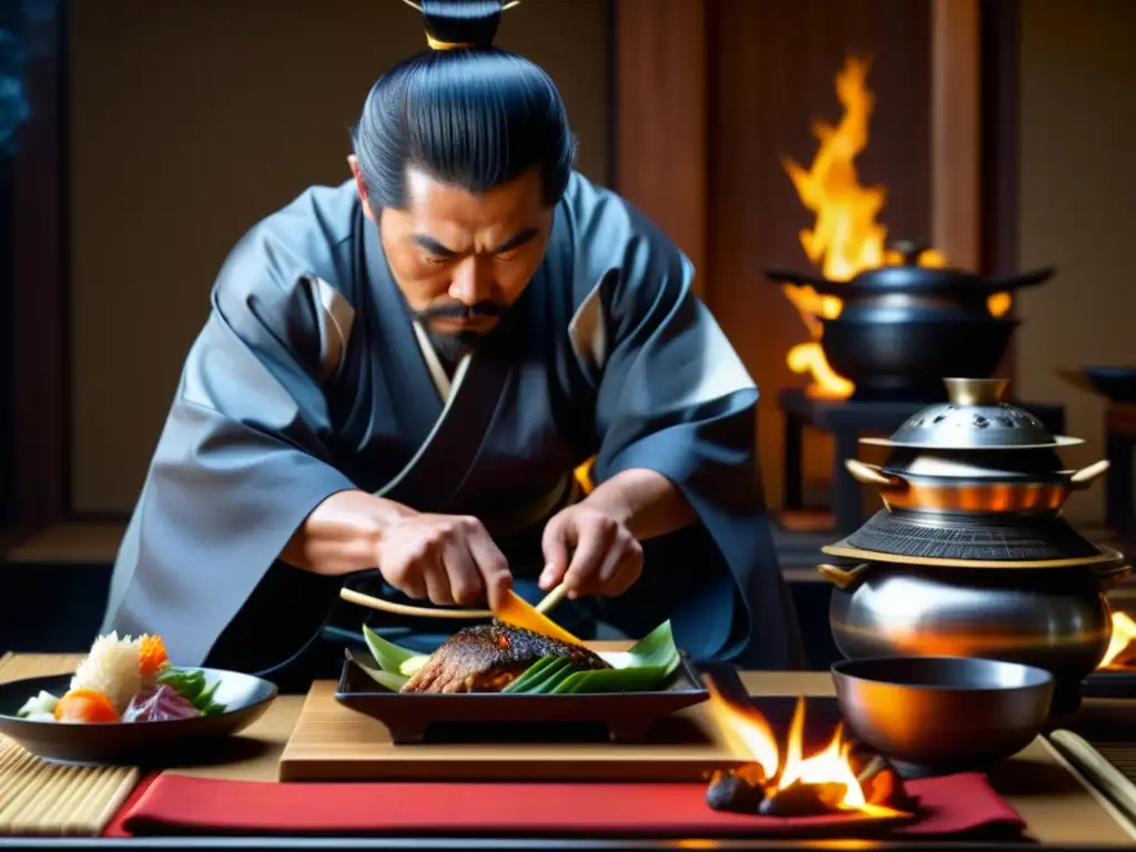 Un samurái antiguo preparando una comida japonesa con armadura detallada y ingredientes frescos, mostrando fortaleza física