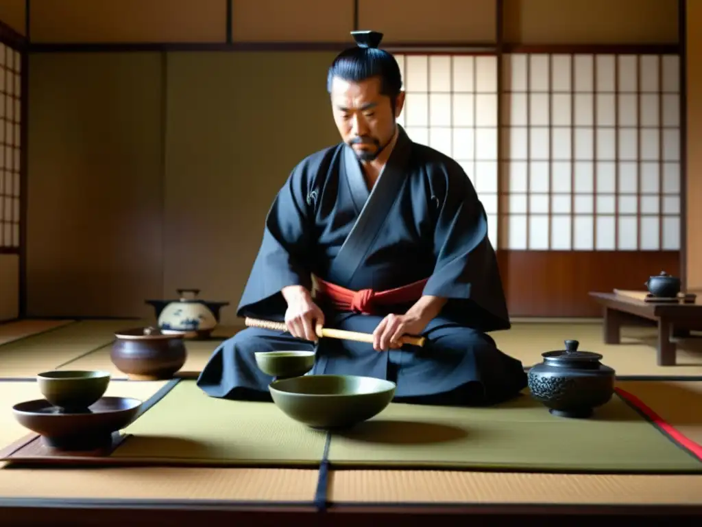 Un samurái realiza una ceremonia del té japonés en una cocina histórica, transmitiendo la relevancia de las culturas y épocas con movimientos precisos