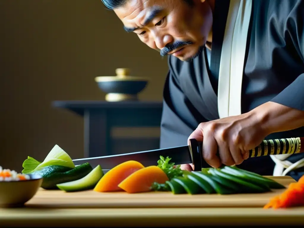 Un samurái cortando ingredientes frescos con precisión y destreza, resaltando la relevancia cultural de la cocina histórica japonesa