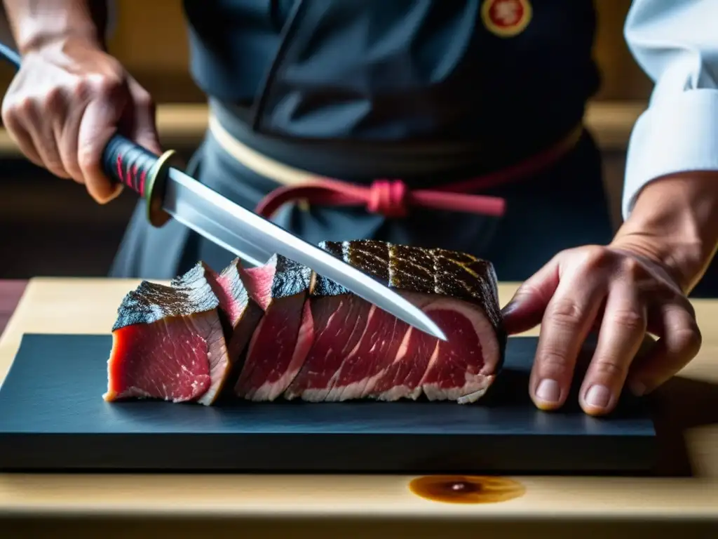 Un samurái chef japonés cortando Wagyu con katana