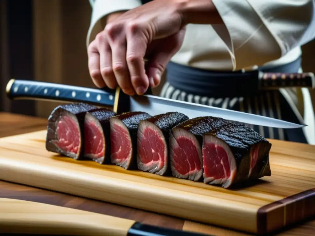 Un samurái corta con precisión una pieza de wagyu con su katana