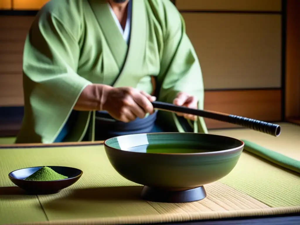 Un samurái prepara té verde en una ceremonia tradicional japonesa en una habitación serena de tatamis, iluminada por luz natural