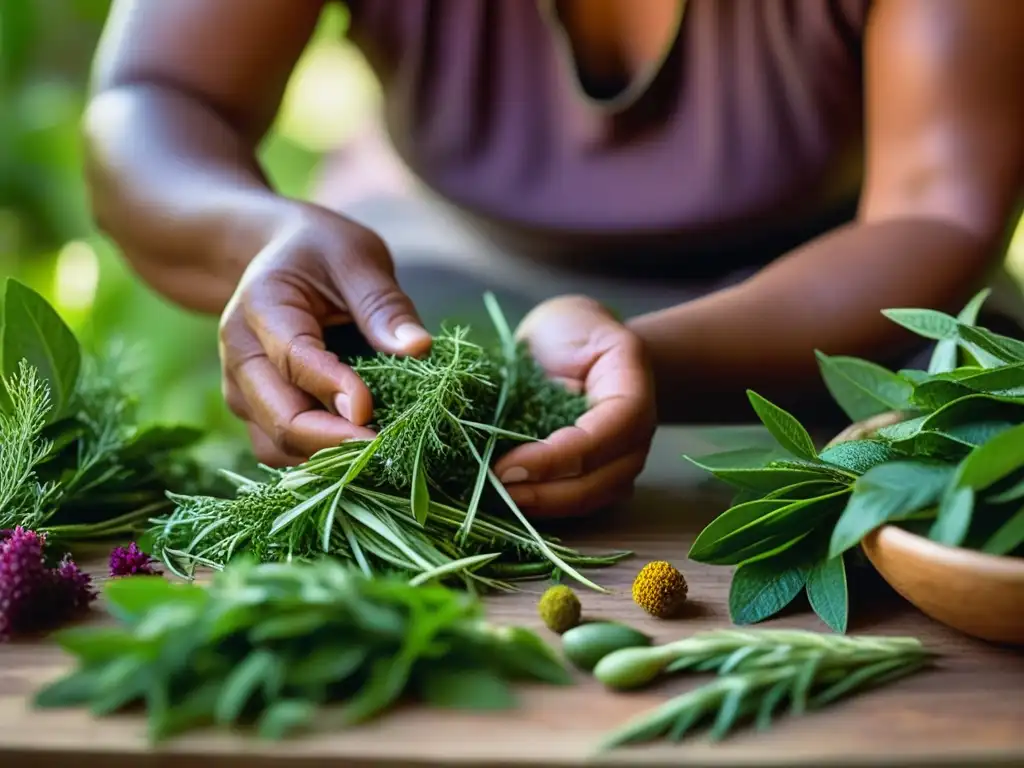 Un sanador indígena selecciona y prepara hierbas para recetas indígenas desintoxicación cuerpo, resaltando sabiduría ancestral