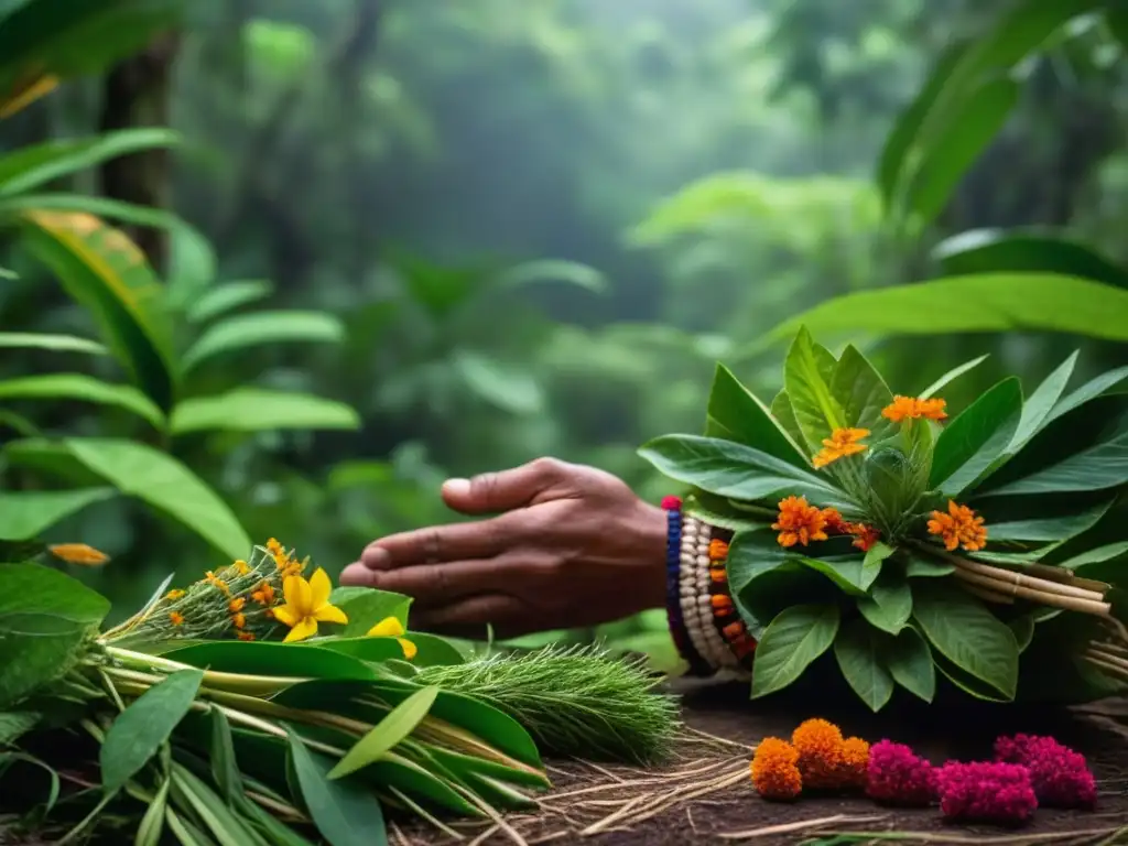 Un sanador Maya recoge hierbas coloridas en la jungla