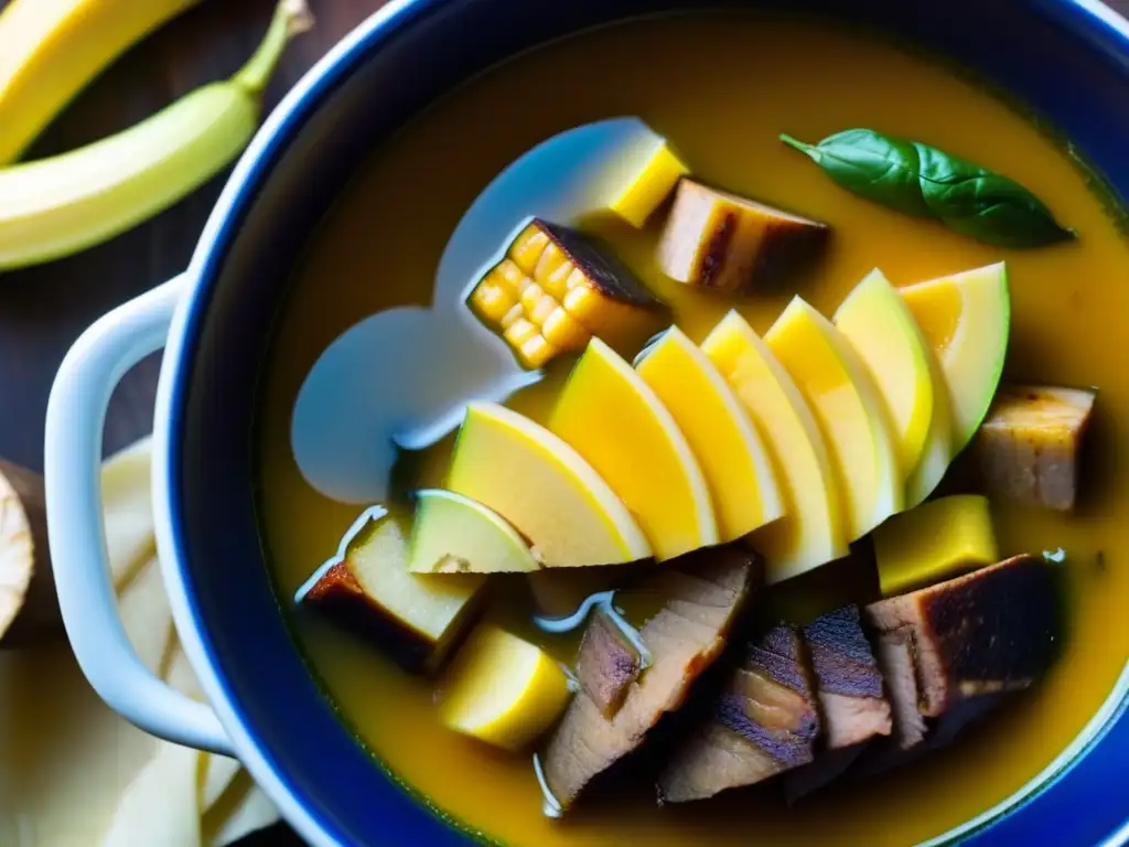 Un sancocho humeante, con colores vibrantes y texturas ricas, destaca los ingredientes en capas