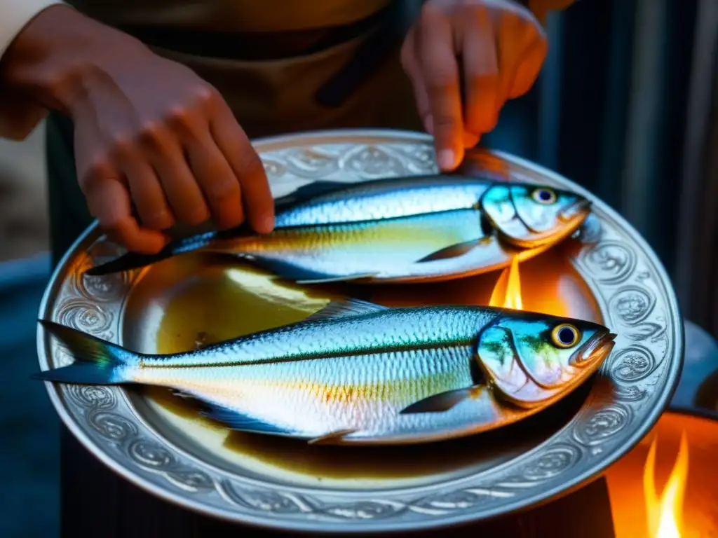 Un sardina plateada brillante es preparada con esmero en una cocina otomana con Recetas históricas de Pescados Otomanos