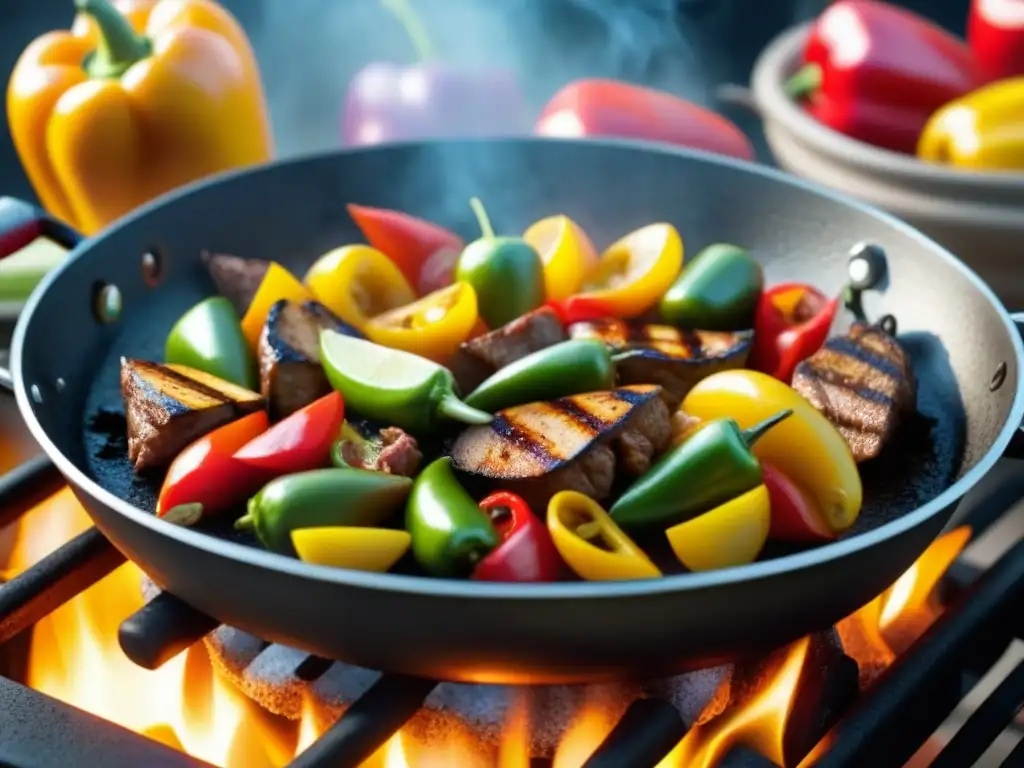 Un sartén de fajitas sizzling con pimientos, cebollas y carne sazonada, capturando los colores vibrantes y el vapor