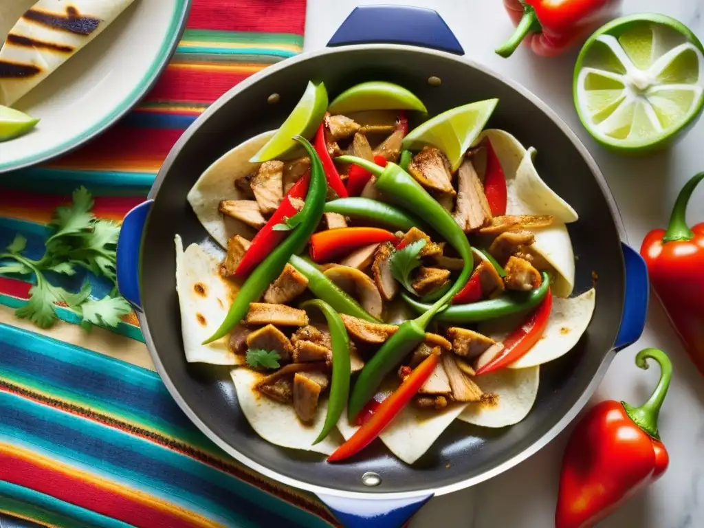 Una sartén de fajitas sizzling en fogón, con pollo sazonado, pimientos y cebolla caramelizada sobre un protector mexicano