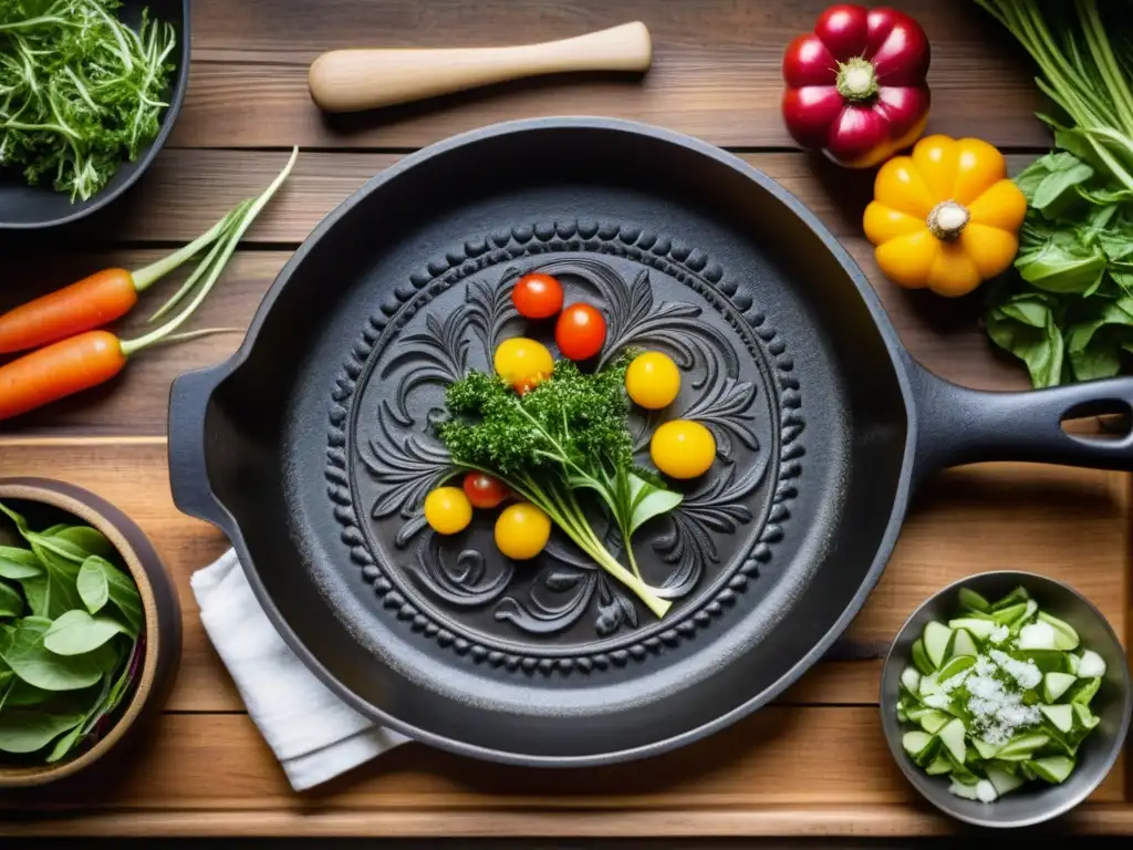 Una sartén de hierro antigua en una mesa de madera con ingredientes, resaltando su pátina en la luz natural