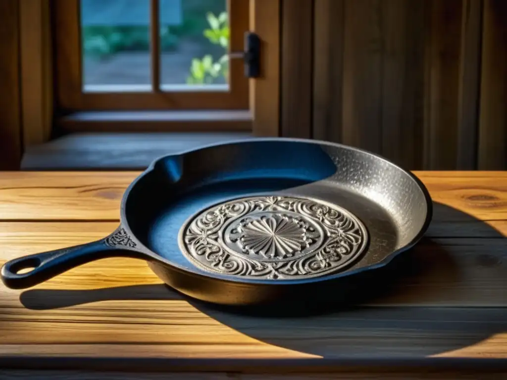 Un sartén de hierro antiguo en una mesa de cocina rústica, iluminado por la luz del sol