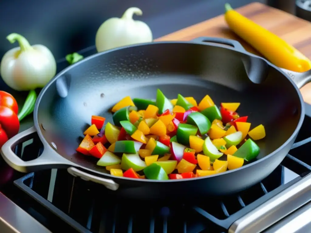 Una sartén de hierro con cebolla, ajo y pimientos salteados, sobre una cocina de inducción