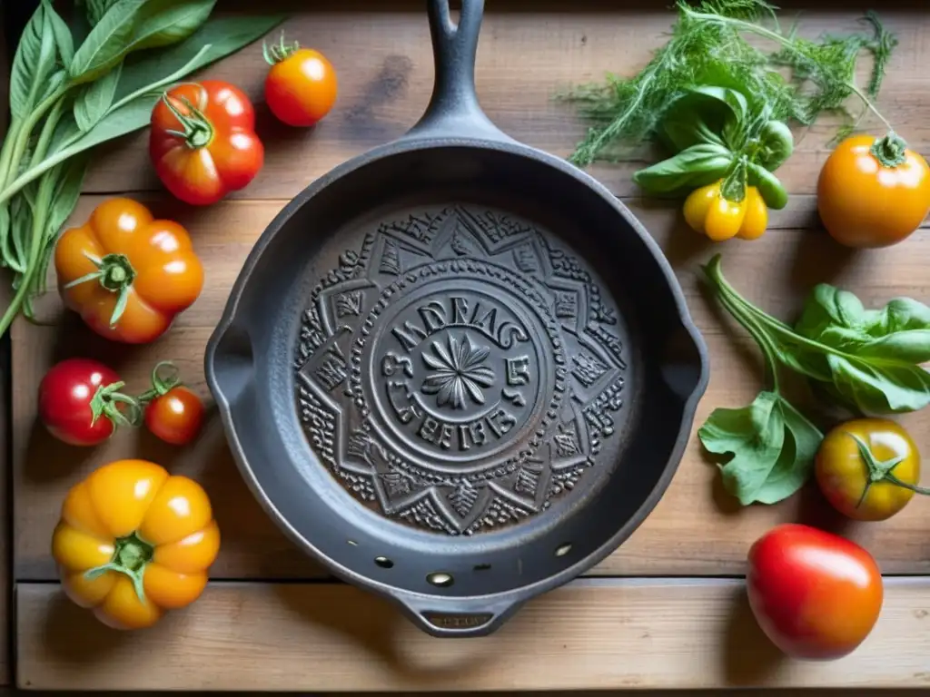 Una sartén de hierro desgastada en una mesa de cocina rústica con ingredientes frescos, iluminada por el sol