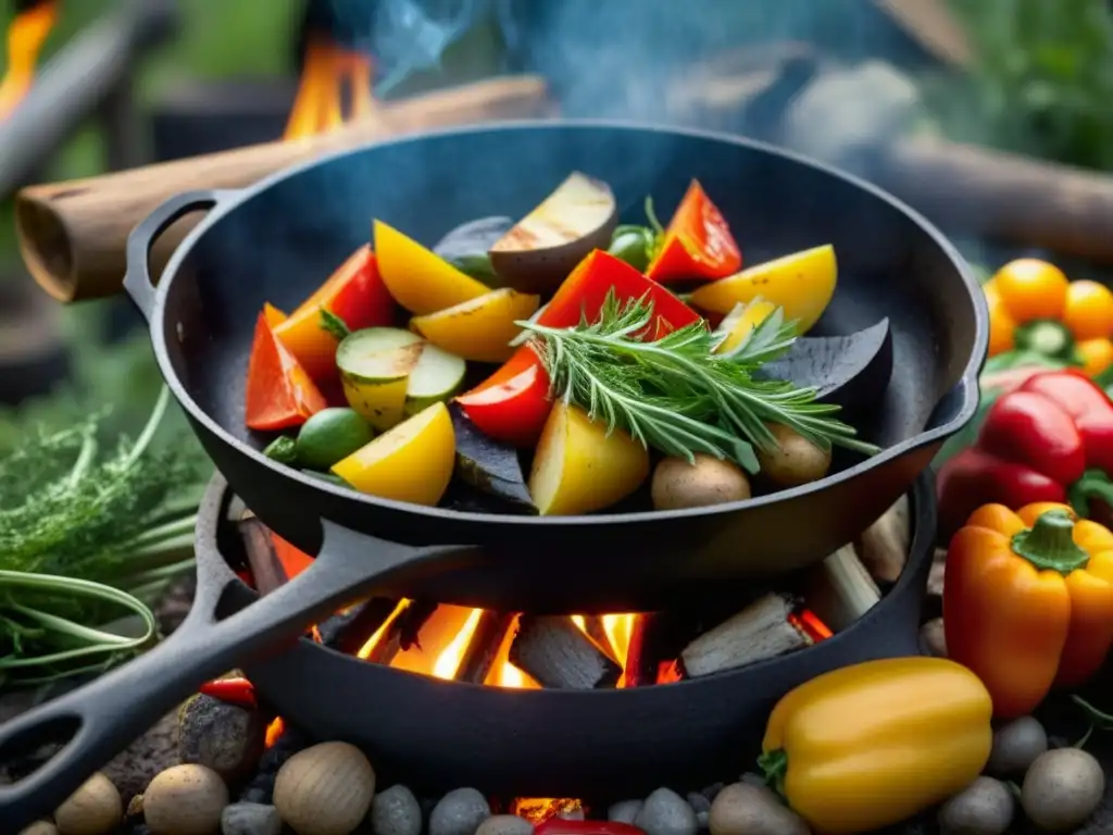 Una sartén de hierro sobre fogata, con ingredientes coloridos, evoca recetas históricas cocina campaña adaptación