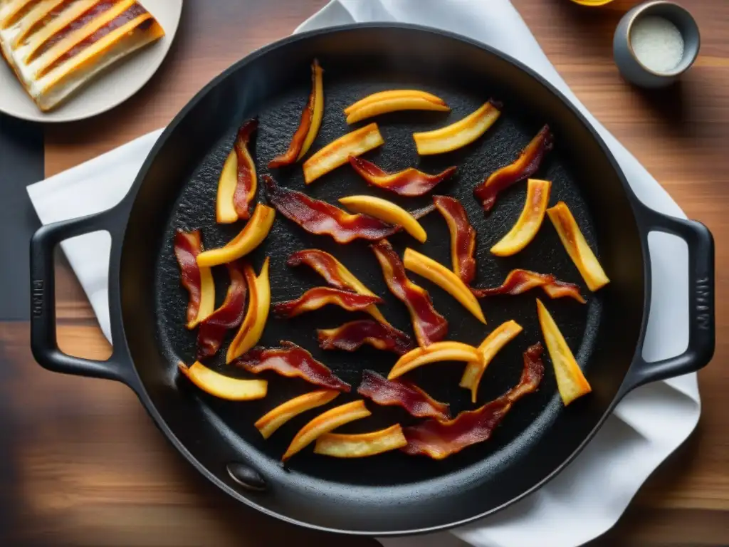 Una sartén de hierro con tocino crujiente, reflejando la influencia de la industria en la cocina tradicional europea