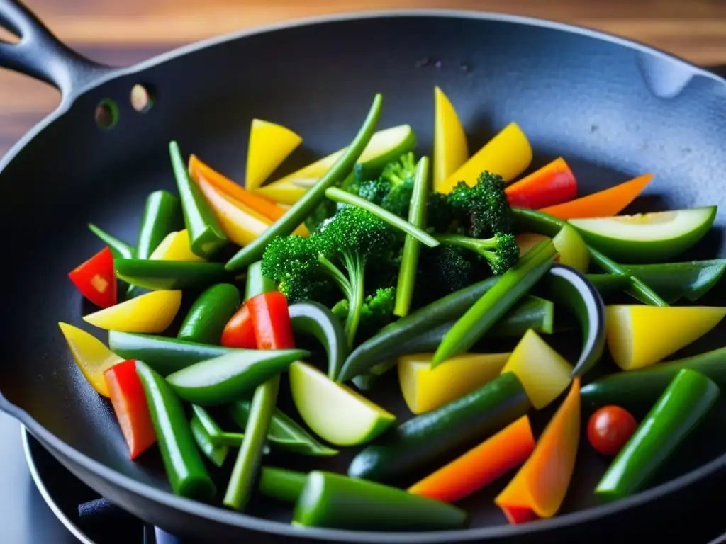 Un sartén de hierro sizzling con verduras salteadas, reflejando la Revolución Industrial en la gastronomía y cambio cultural