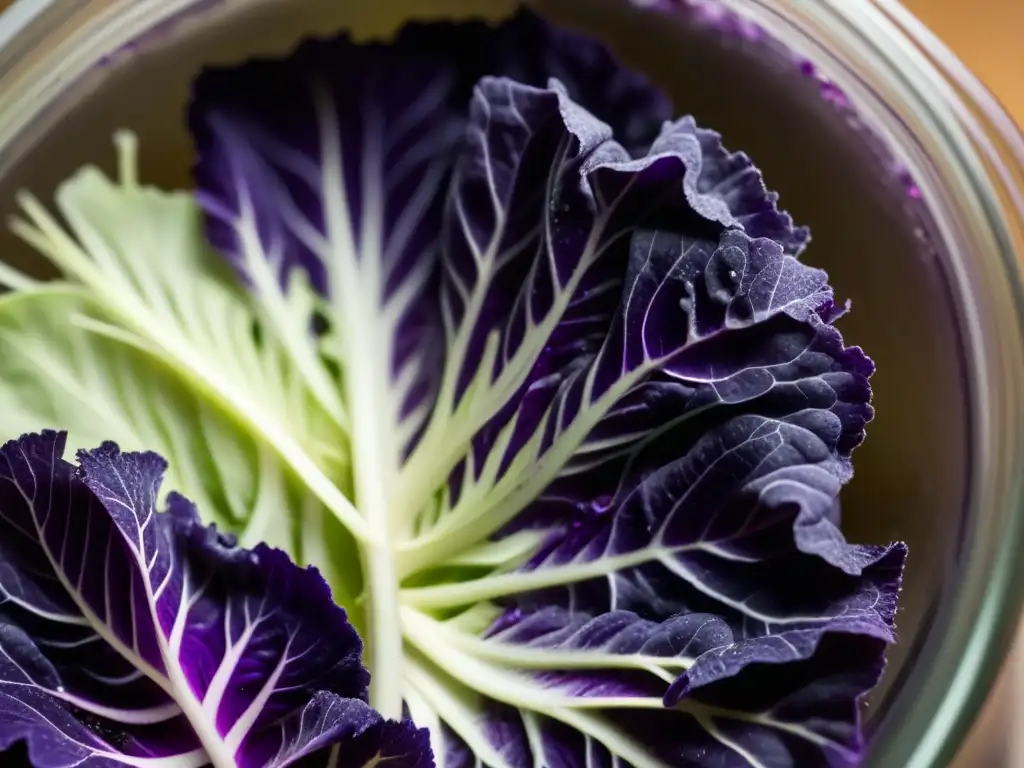 Delicada fermentación: Cabbage morado y cristales de sal en tarro de vidrio Sauerkraut morado en frasco de vidrio, hojas de col brillantes con cristales de sal, detalle en textura y color