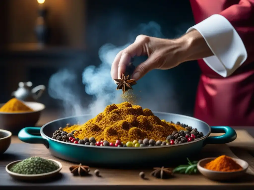 Los secretos del sabor en la cocina barroca: un chef experto esparce especias sobre una sartén vibrante, creando una danza de colores y aromas