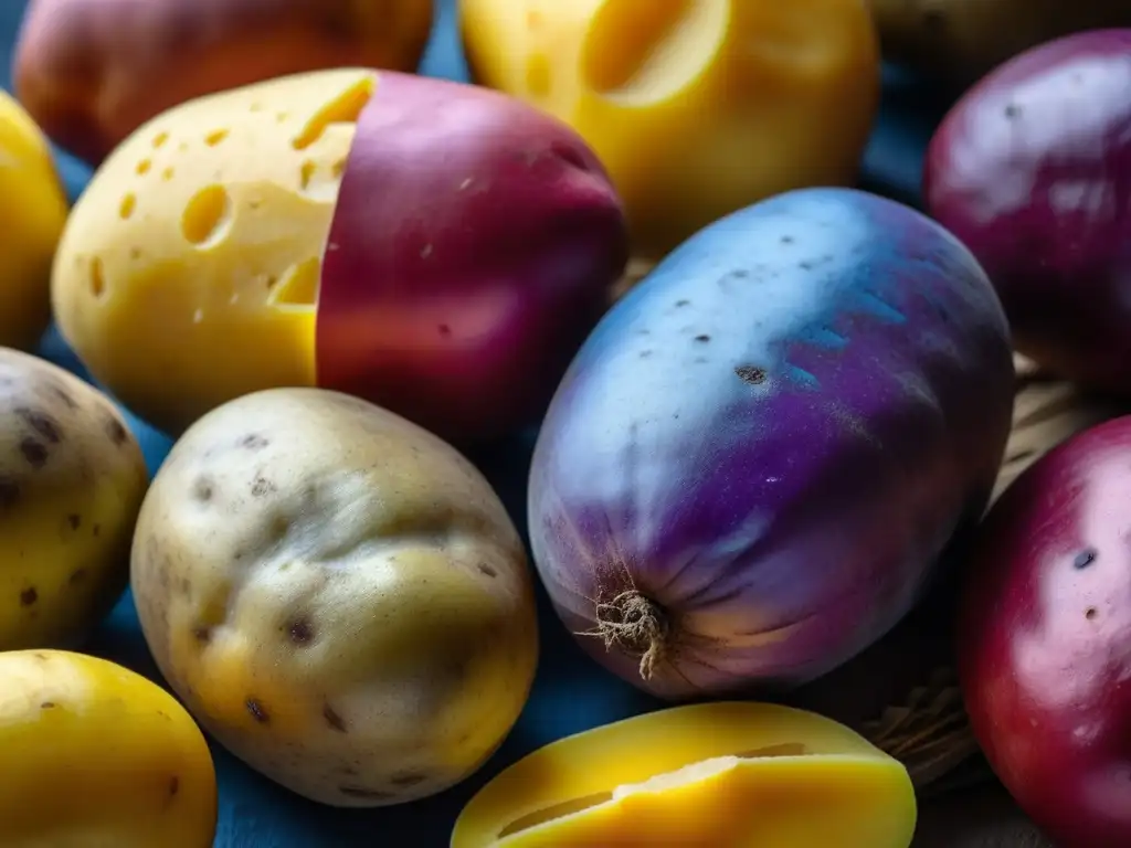 Una selección colorida de variedades tradicionales de papas incas, mostrando sus formas, tamaños y texturas